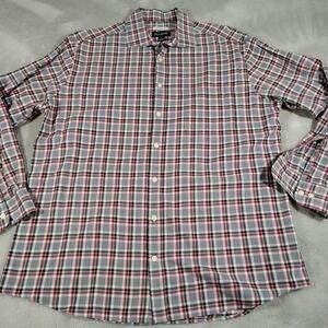 Jos. A. Bank Shirt Men L Gray/Red Plaid Work Dad Nerd Office Soft Long Sleeve